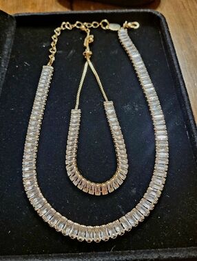 Gold And Crystal Tennis Necklace and Bracelet Set